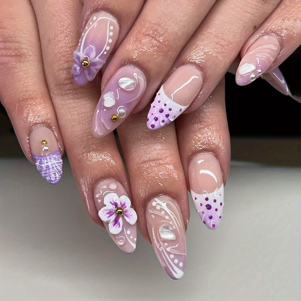 24pcss Press-On Nails, Elegant Pink French Style, Bow and Floral Designs, Coffin Shape, Perfect Fit and Lightweight, 4pcs Nail Tool Set, Ideal for Weddings and Parties, Makes You Irresistibly Charming!